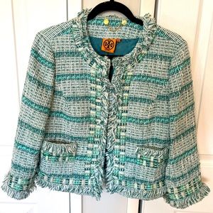 Tory Burch blue tweed patterned jacket with fringe size 6